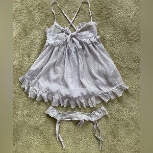 Victorias Secret Lavender Babydoll Chemise Top and Garter Lace Lingerie Set